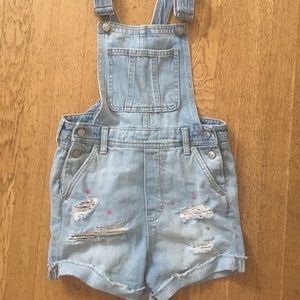 Embroidered denim overall shorts